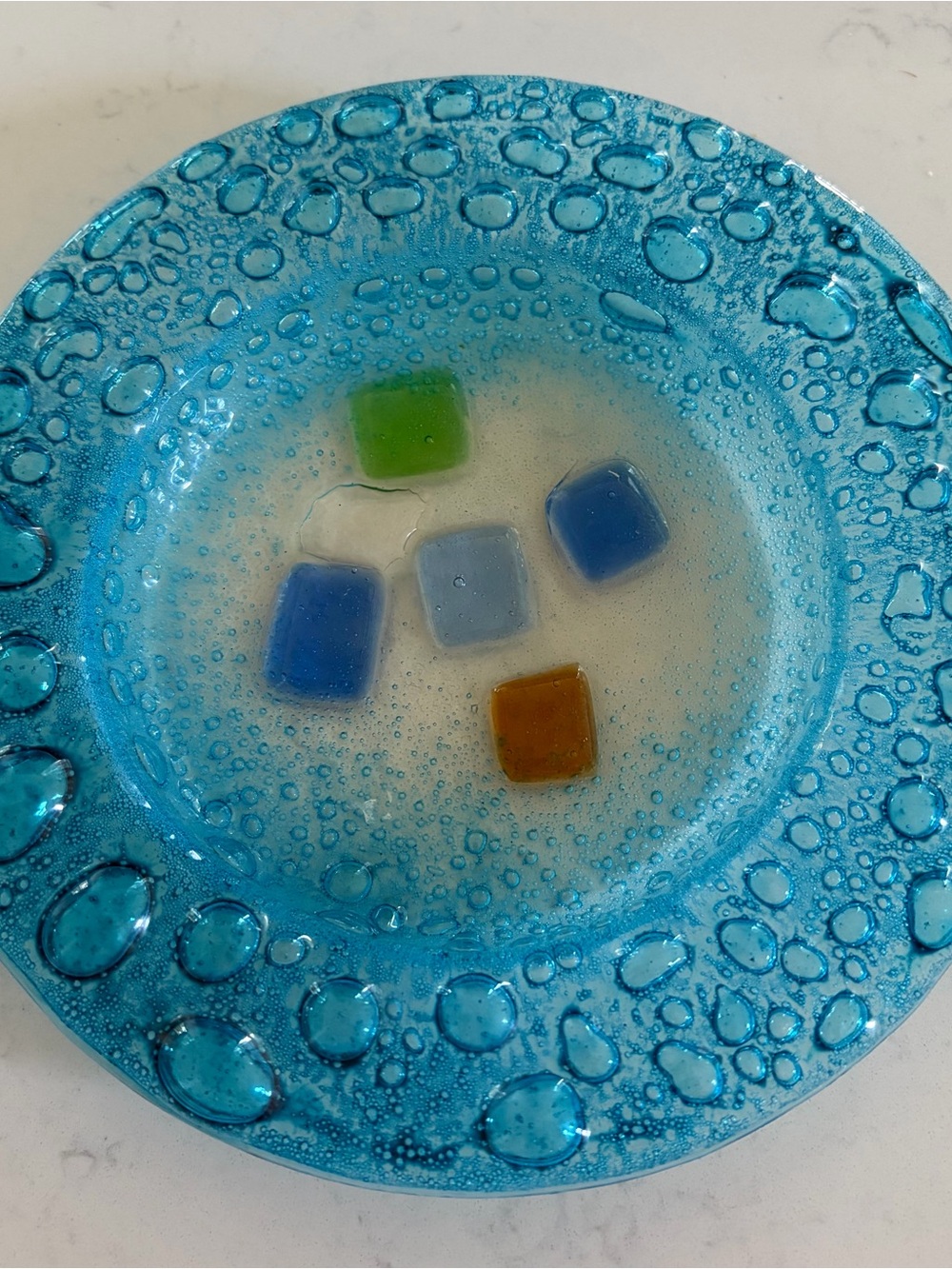 Murano Style Bubble Infused W/ Multi-Colored Inlaid Glass Square Pieces Vintage